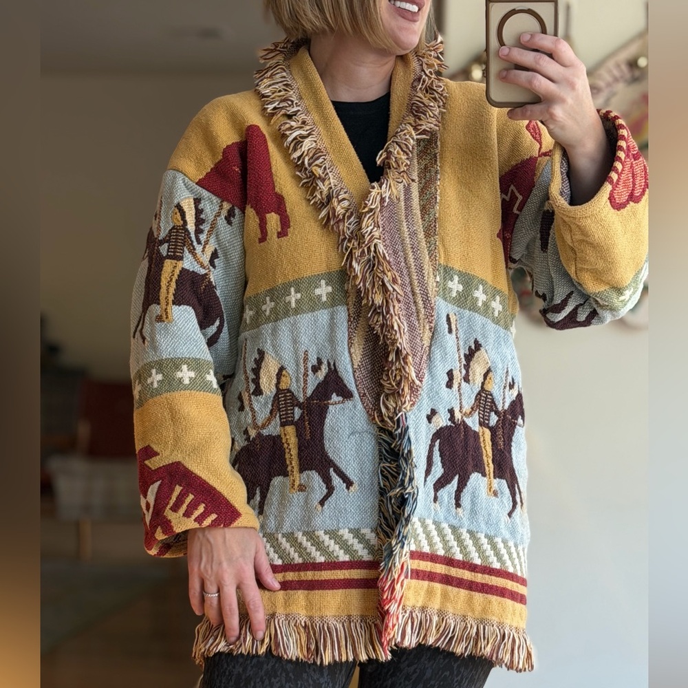 Extremely Rare E. Clair Designs Indian Buffalo Multicolor Cardigan Poncho Cross